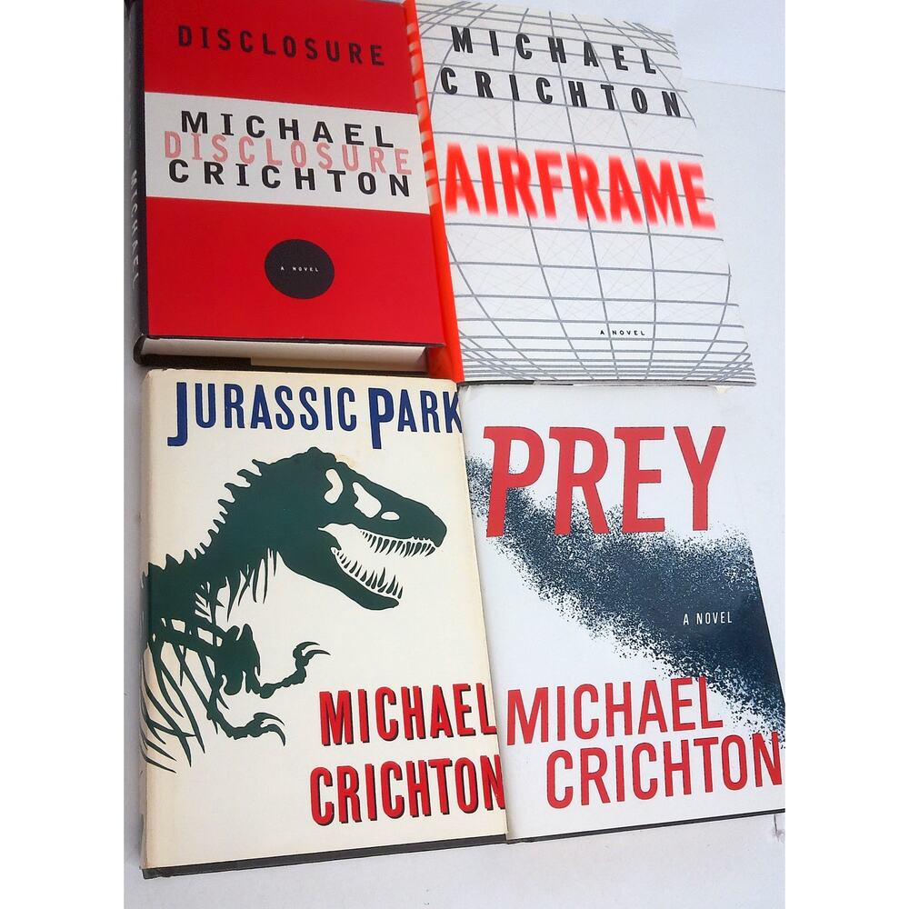 Michael Crichton Lot 4 Hardcovers Jurassic Park Skeleton Cover Prey Airframe Set